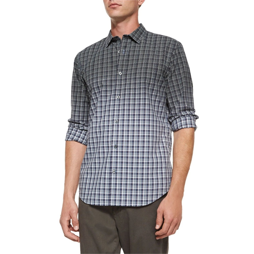 Vince Men's S Blue Two Tone Ombre Plaid Button Down Shirt Cotton